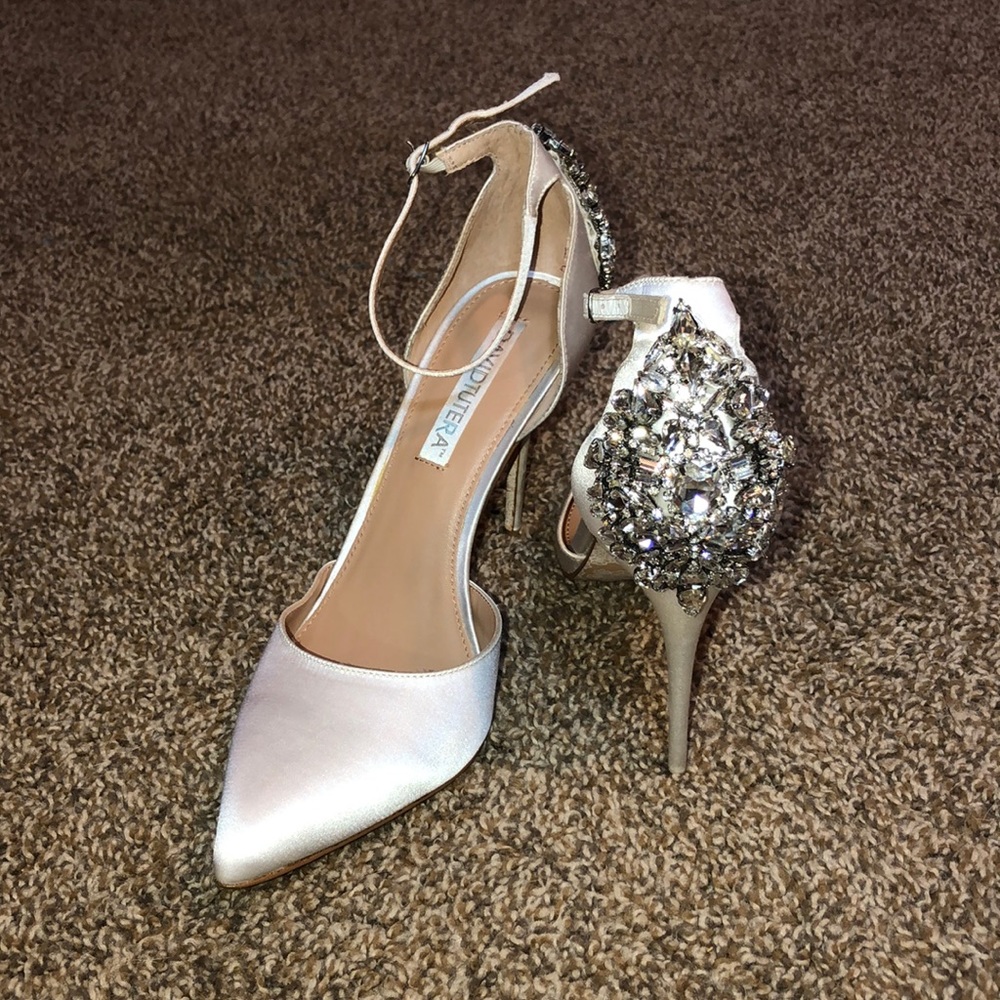 WHITE SATIN WEDDING BRIDAL HEELS W/ JEWEL BACK
